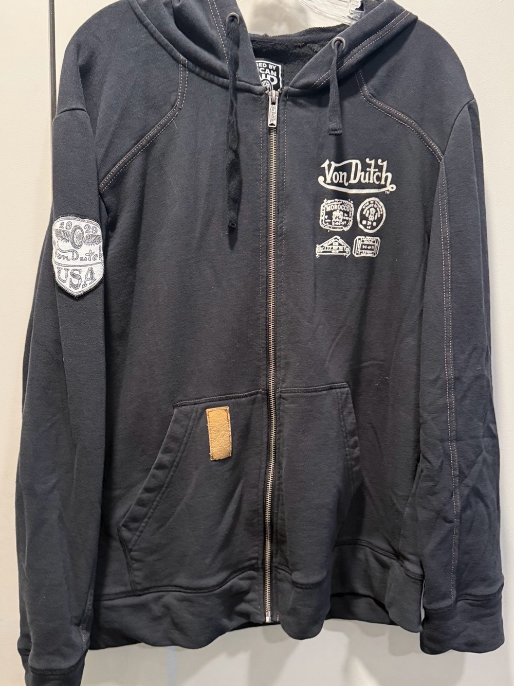 Von Dutch Purposely Faded Black Hoodie with White Logo Patches Men's Large